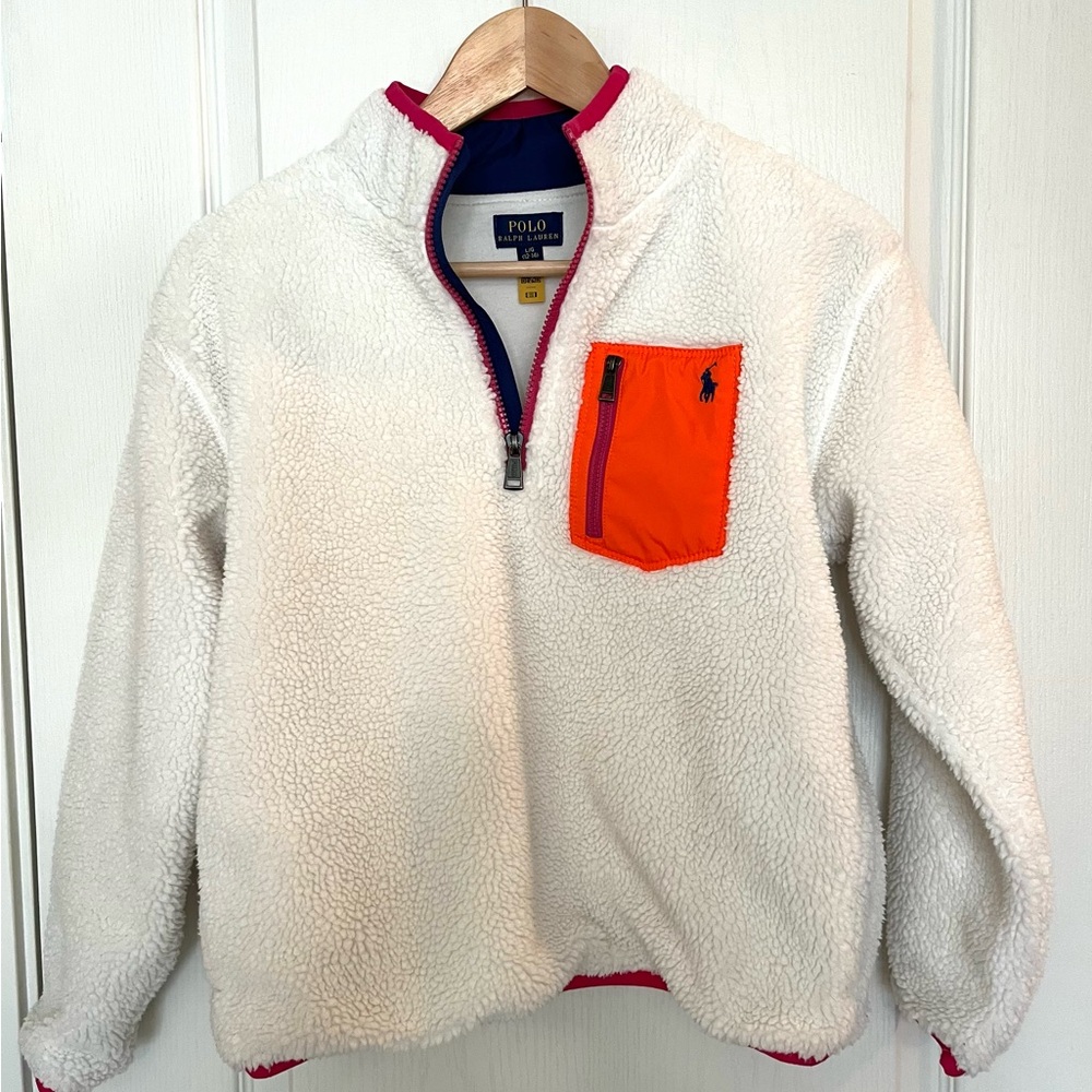 Polo by Ralph Lauren White Sherpa Pullover with Orange Pocket